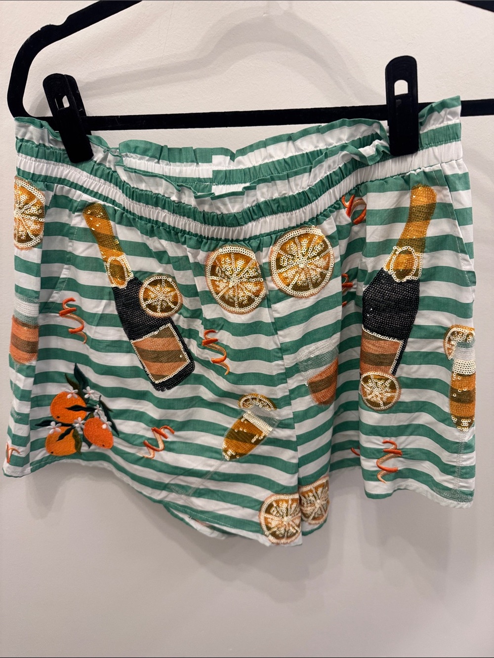 QUEEN OF SPARKLES Green & White Striped Embroidered Citrus Shorts